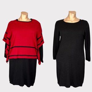 Nina Leonard Womens Plus 2 Piece Poncho Sweater Dress Black Red size 1X